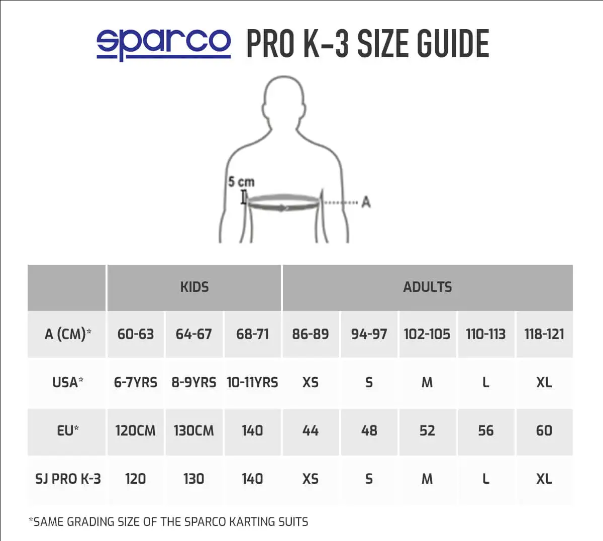 Sparco SJ Rib Size Guide