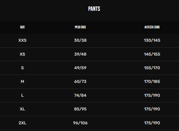 Bengio Kart Pants Size Guide